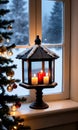 Photo Of Christmas Candlelit Window With A View Of A Snowy Birdhous. Generative AI