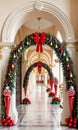 Photo Of Christmas Candy Cane Arch With Hanging Mistletoe And Ornaments In The Entrance Of A Grand Palace. Generative AI