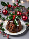 Photo Of Christmas Christmas Pudding With A Sprig Of Holly. Generative AI