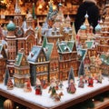 photo of Christmas decoration for sale on advent market. Decorative miniature city houses. hand made. new year tree figures Royalty Free Stock Photo