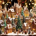 photo of Christmas decoration for sale on advent market. Decorative miniature city houses. hand made. new year tree figures Royalty Free Stock Photo