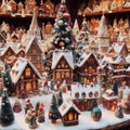 photo of Christmas decoration for sale on advent market. Decorative miniature city houses. hand made. new year tree figures Royalty Free Stock Photo