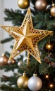 Photo Of Christmas Golden Star Tree Topper. Generative AI Royalty Free Stock Photo