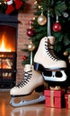 Photo Of Christmas Ice Skates Hanging By A Fire. Generative AI