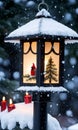 Photo Of Christmas Lantern Illuminating A Snowy Birdhous. Generative AI