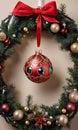 Photo Of Christmas Ornate Bauble Inside A Wreat. Generative AI Royalty Free Stock Photo
