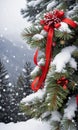 Photo Of Christmas Pine Tree Branches Draped With Red Ribbons, Snowflakes, And Jingle Bells Against A Snowy Mountai. Generative AI Royalty Free Stock Photo