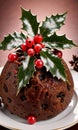 Photo Of Christmas Christmas Pudding With A Sprig Of Holly. Generative AI