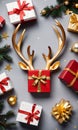 Photo Of Christmas Reindeer Antlers Beside A Pile Of Gifts Wrapped In Golden Stars. Generative AI