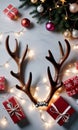 Photo Of Christmas Reindeer Antlers Wrapped With Fairy Lights Beside A Pile Of Gifts. Generative AI