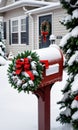 Photo Of Christmas Snow-Covered Mailbox With A Wreath On To. Generative AI