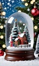 Photo Of Christmas Snow Globe With A Christmas Tree, Snowy Village, And Nutcracker Insid. Generative AI