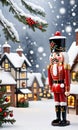 Photo Of Christmas Snowy Village With A Nutcracker Statue And Mistletoe Decorations. Generative AI