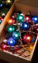 Photo Of Christmas Tangled Christmas Lights In A Bo. Generative AI