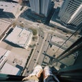 Photo of city street taken down from high-rise building, skyscraper, photographer\'s legs are visible in photo,