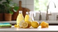 Photo of a clean kitchen counter with lemon-themed cleaning supplies Royalty Free Stock Photo