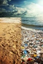 A before-and-after photo of a cleaned versus polluted beach. Royalty Free Stock Photo