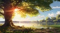 Beautiful Morning Sunlight With Canopy Tree In Makoto Shinkai Style