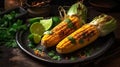 photo close-up corn with chili powder and salt. Grilled sweet corn, Summer vegan dinner or snack