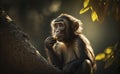 Portrait of a monkey taking a banana with blurred tree background, side view generative AI