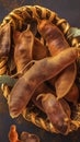 Photo Close up of succulent ripe tamarind pod nestled with dried ones