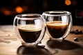 Photo of a close-up view of two steaming cups of freshly brewed coffee on a wooden table Royalty Free Stock Photo