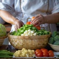 Photo Close up of womans hand placing organic vegetables into bamboo basket