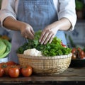 Photo Close up of womans hand placing organic vegetables into bamboo basket