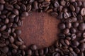 Photo closeup of coffee beans. Rusty background. Royalty Free Stock Photo