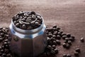 Photo closeup of coffee beans. Rusty background. Royalty Free Stock Photo