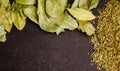 Photo of closeup green texture of bay leaf on black background, top view, copy space Royalty Free Stock Photo