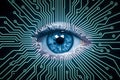 Photo Closeup human eye with circuit board technology concept, symbolizing human machine integration Royalty Free Stock Photo