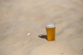 Photo of cold beer in the hot sand. Drops of water on glass. Thirsty concept. Summer time. Holiday. Copy space