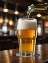 Photo Of Cold Beer Pour In Glass From Crane In Pub Background. Generative AI