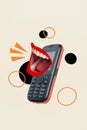 Photo collage absurd metaphor template picture of shouting scream message buttons old smartphone isolated on beige color