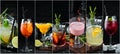 Photo collage Alcoholic colored cocktails and drinks. Royalty Free Stock Photo