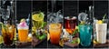 Photo collage Alcoholic colored cocktails and drinks. Royalty Free Stock Photo