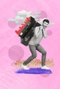 Photo collage artwork of funny young man carry huge retro suitcases heart symbol boyfriend packages holidays isolated on Royalty Free Stock Photo