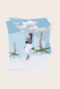 Photo collage artwork minimal picture of carefree lady riding swing flying skies isolated drawing background