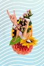 Photo collage artwork minimal picture of excited funky lady dancing beach party isolated graphical background