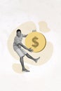 Photo collage artwork minimal picture of funny happy guy holding big usd coin isolated drawing background