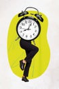 Photo collage artwork minimal picture of lady watch instead head showing eight oclock isolated graphical background