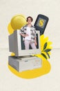 Photo collage artwork minimal picture of successful lady inside obsolete device earning money isolated creative