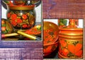 Photo collage Bright wooden kitchen utensils. Khokhloma is an ancient Russian folk craft of the XVII century. Traditional elements Royalty Free Stock Photo