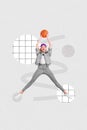 Photo collage cartoon comics sketch picture funny funky lady playing basketball throwing ball isolated drawing