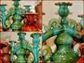 Photo collage Ceramic candlestick. Latgale ceramics is a traditional folk craft. It was filled with glaze of traditional colors