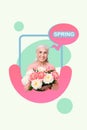Photo collage of charming senior grandma lady receive bloom peonies bunch posing photographer social network media
