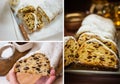 Photo collage, Christmas baking concept, german cake stollen, sliced, dough texture, lit candles, wicker basket