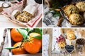 Photo collage, Christmas baking, german stollen, mince pies in wicker basket, coconut puffs, tangerines with green leaves Royalty Free Stock Photo