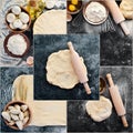 Photo collage cooking baking. rolling pin, flour, egg, dough.